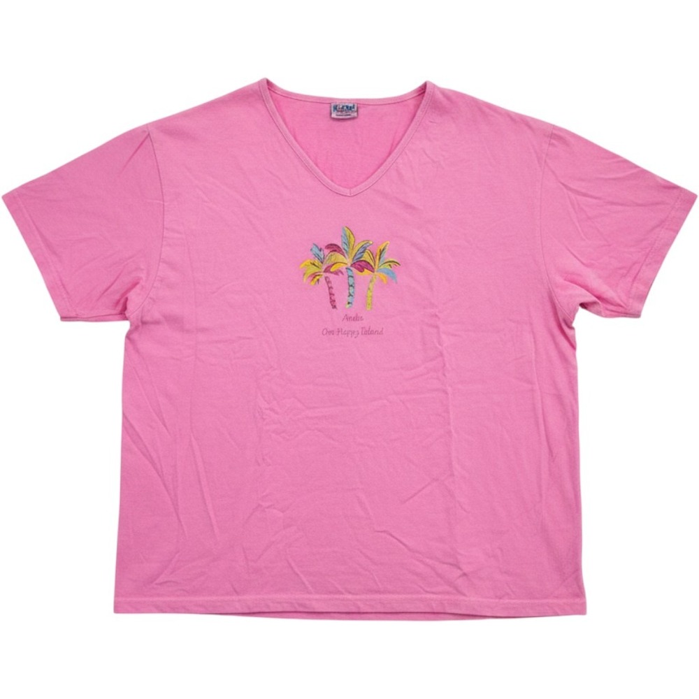I Can Too Aruba One Happy Island Pink V-Neck T-Shirt Vintage XL Made USA Cotton